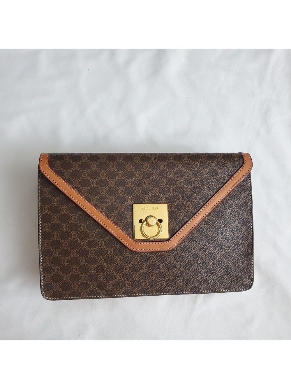 Authentic CELINE Monogram Ring Lock Clutch Bag Brown Made in Italy